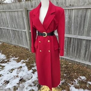 Vintage Long Red 100% Wool Coat Double-Breasted Utilitarian Corpcore Medium